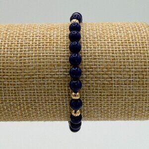 Vintage Signed AVON Navy Blue Beaded Bracelet | Gold Tone Spacers & Clasp